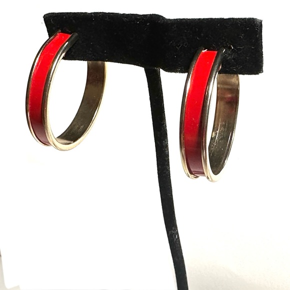 Vintage Red & Gold Tone Clip On Hoop Earrings Pat Pend Closure Retro 80s 90s - Picture 5 of 6
